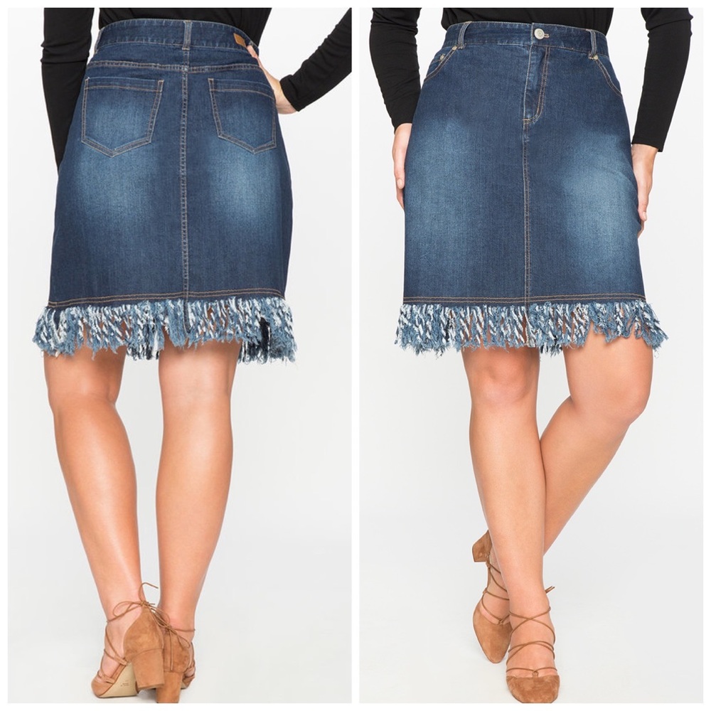 Eloquii Dark Wash Fringe A- Line Denim Skirt Sz 18